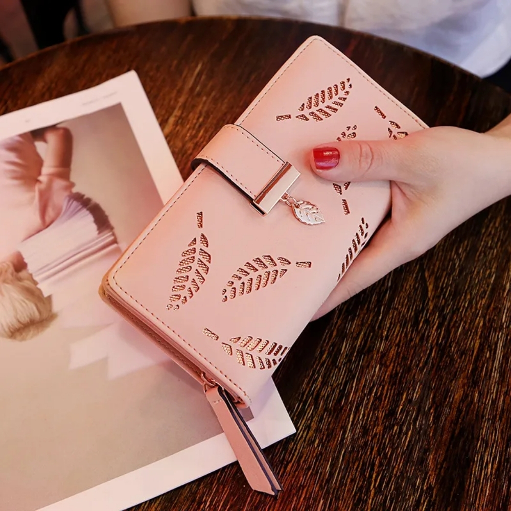 Spring & Summer Pu Leather Pink Leaf Cutout Women's Wallet
